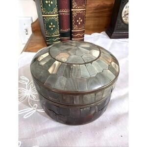 Vintage Brass And Mother Of Pearl Inlaid Trinket Box Storage Neutral Colors 4”
